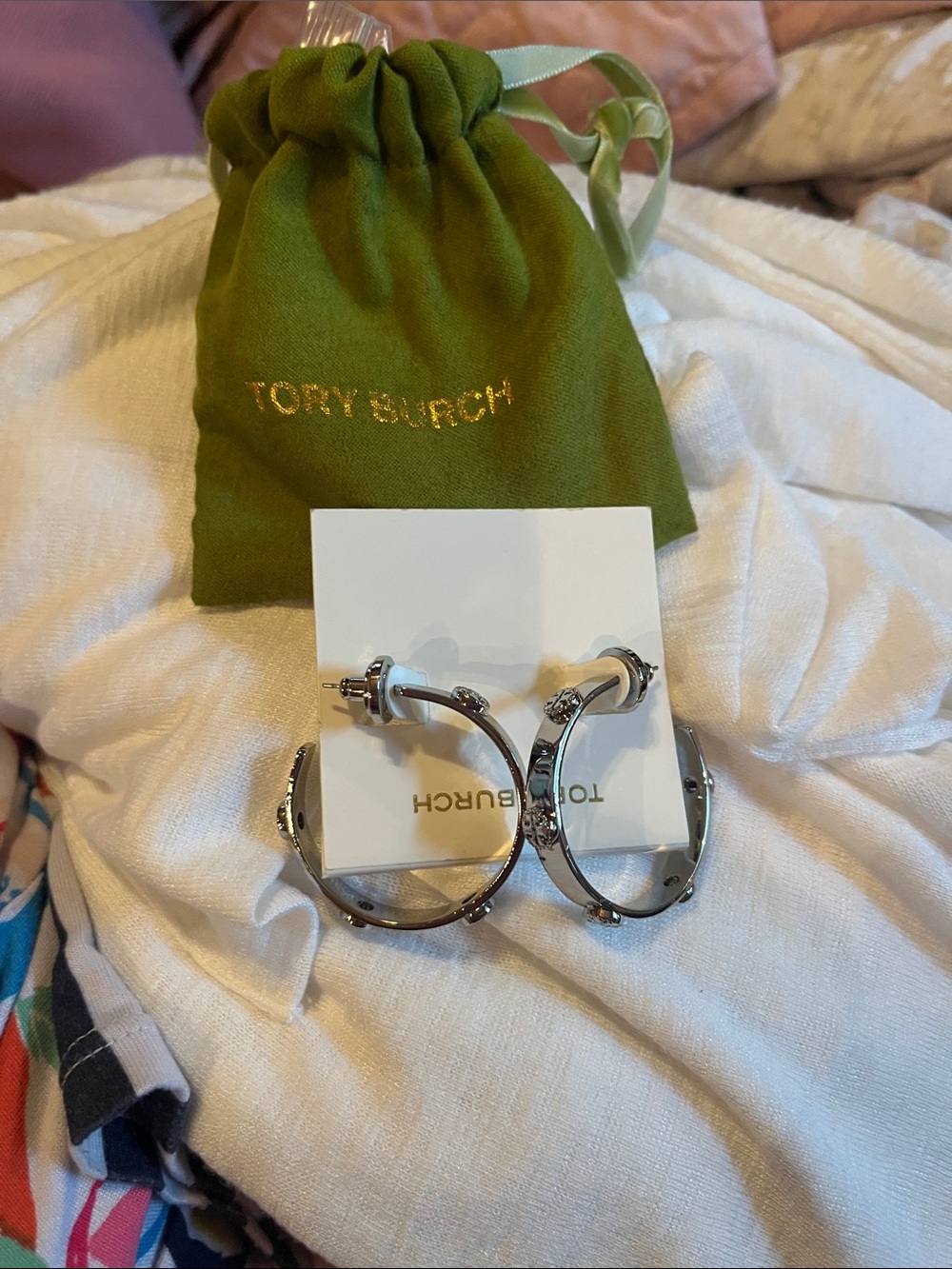 Tory Burch Silver Tone Studded Hoop Earrings